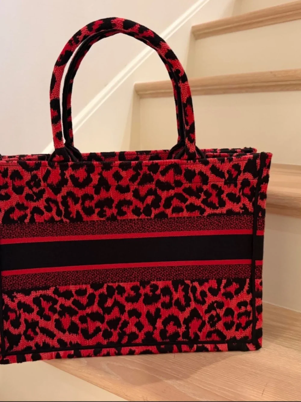 Authentic Dior Book Tote Red Black Leopard Embroidered Large Bag